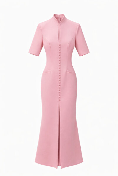 HAZELANNA Buttoned Maxi Length Pink Dress