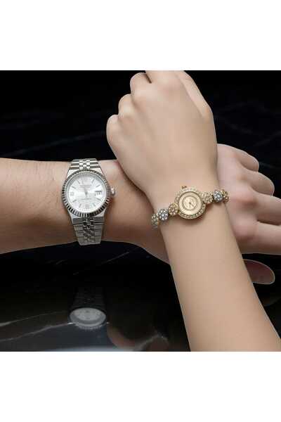 Qulothes Sevgili Çift Saati Set Lüks Çelik Kordon Special Lover+ 2 Adet Yedek...