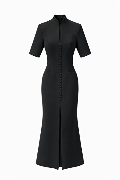 HAZELANNA Μαύρο φόρεμα μάξι με κουμπιά