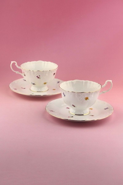 Bursa Porselen Dekor Flora altın yaldızlı 2 kişilik çay fincan takımı