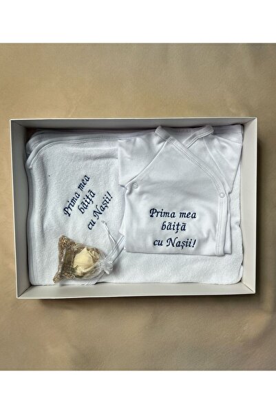 Botez Towel and bodysuit First bath with godparents Embroidered on blue Cotto...