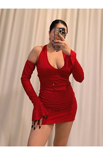 Labien Butik Tam Taş İşlemeli Halter Mini Elbise – Kırmızı