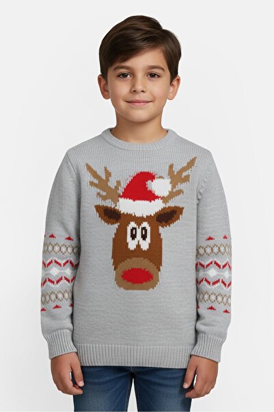 LC Waikiki سويت شيرت مطبوع عليه رسومات بأكمام طويلة وياقة دائرية للأطفال، رمادي