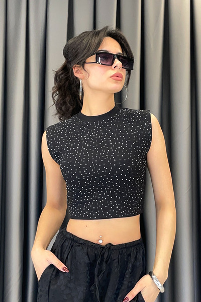 KECHİ WOMAN TAŞ İŞLEMELİ CROP-SİYAH SİYAH