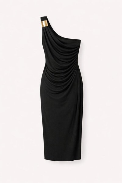 HAZELANNA Draped Black Dress with Gold Shoulder Detail