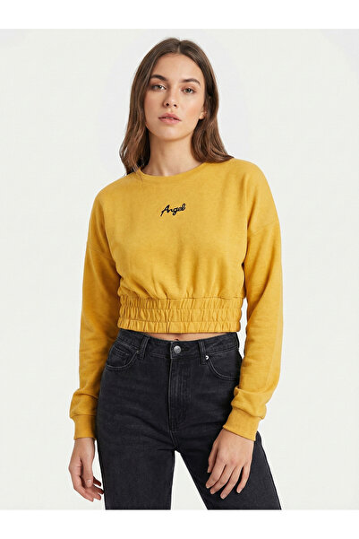 NEW JOURNAL Women's Mustard Elastic Waist Crop Sweatshirt Nj89