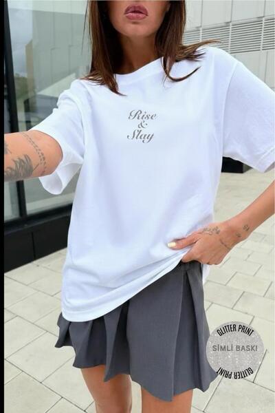 CAST COLLECTİON Tricou oversize cu imprimeu Rise Slay Stone, alb, pentru femei