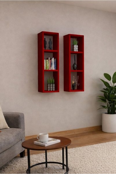 Dekormer Design Kitaplık Takım Ev Mobilya Duvar Rafı İkili Kırmızı