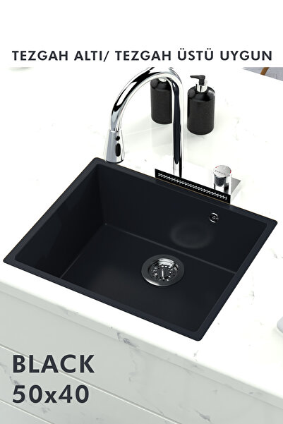 HENASURFACE Granit Eviye Tek Gözlü SİYAH 50x40 Evye Kuvars Tezgah Altına Uygun