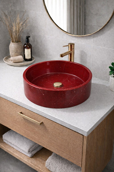 Taş Atölyesi Mermer Desenli Tezgah Üstü Yuvarlak Çanak Taş Lavabo