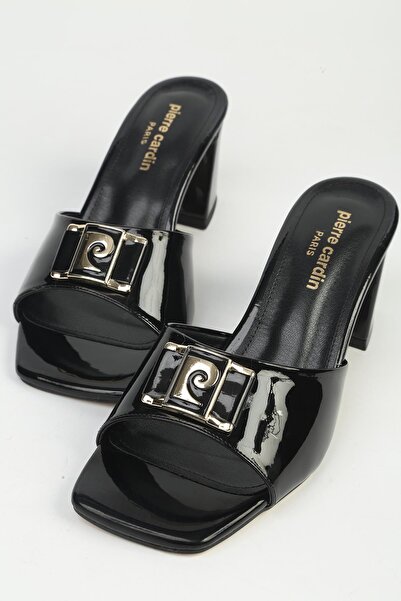 Pierre Cardin Women's Black Patent Leather Heeled Slippers Pc-55787