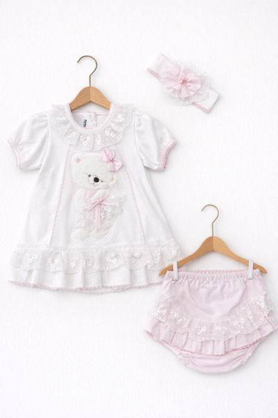 Kardeşler Bebe Lace Teddy Bear Baby Girl Dress Set – Set of 3 with Headband