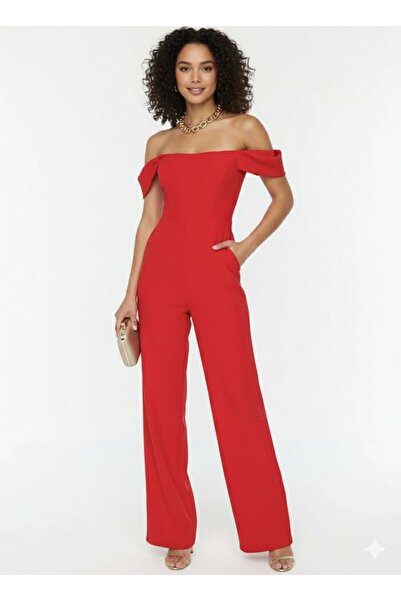 marvion Kadın Düşük Kollu Abiye Şık Kırmızı Tulum
