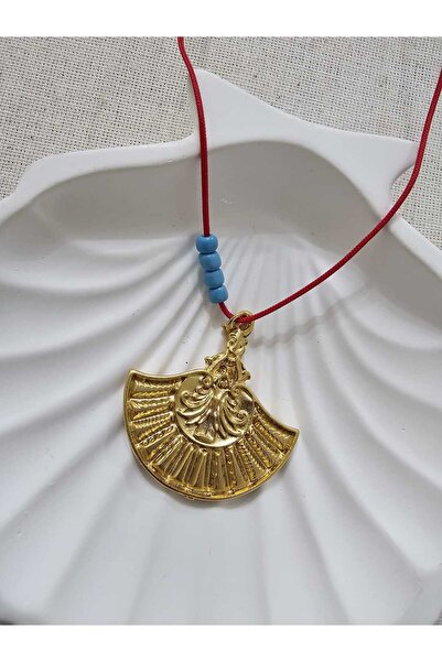 SİBEL AKSESUAR matte gold plated pendat kırmızı ip kolye 50 + 5 cm