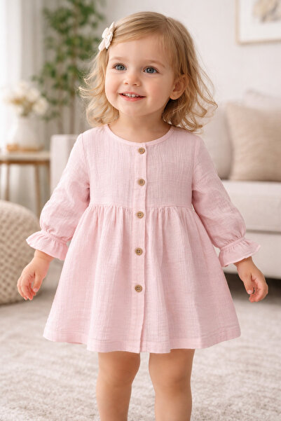 Uğur bebe فستان موسلين وردي للطفلة الصغيرة مع أزرار كاملة %100 قطن نسيج قابل ...