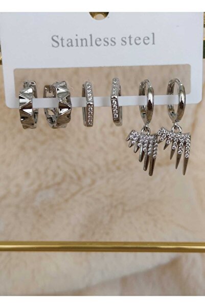 Tuel Stainless Steel Silver Detailed Multiple Women's Earrings