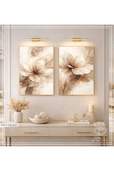 Tablomtr İnci Çiçeği - Dijital Baskılı Gold Metal Çerçeveli Gerçek Camlı 3'lü...