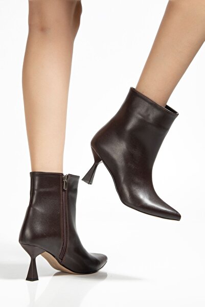 ELLOLİTA LUXURY SHOES 4701 Brown Leather Square Heel Daily Women's Boots