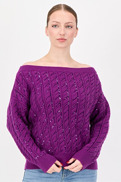 femi9 Women Off Shoulder Textured Sweater, Purple