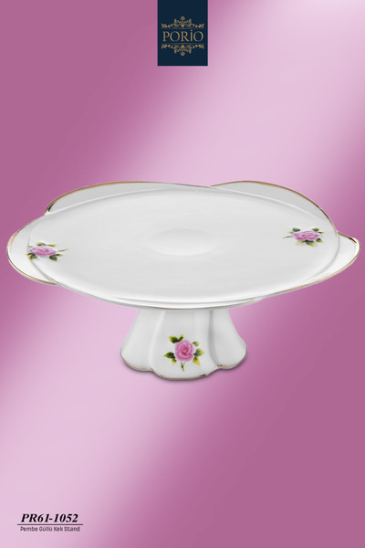 Porio Porselen Altın Yaldızlı Çiçek Desenli Ayaklı Kek Pasta 27*16 cm Sunumlu...