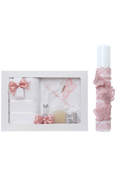 Recostore Set trusou botez cu Lebada roz pudrat, lumanare si trusou, 8 piese,...