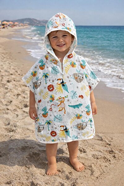 JUNİPERUS Organik %100 Pamuk Müslin Kapşonlu Plaj Çocuk Bebek Panço Bornoz Ba...