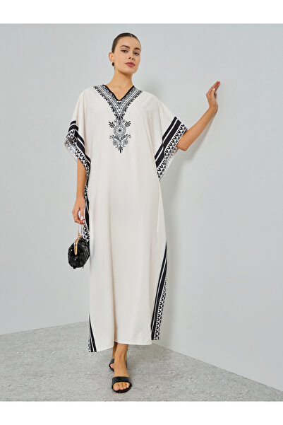 Take Two By Styli Beige Graphic Print V-Neck Kaftan
