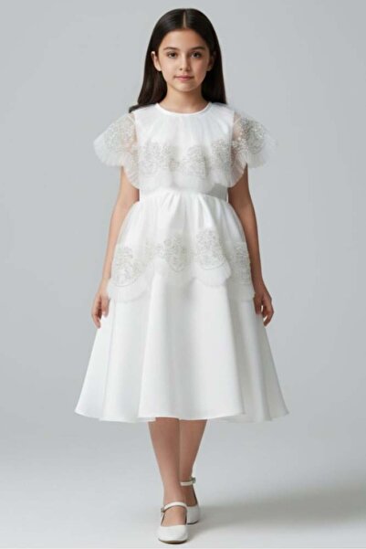Alesaei-mondo tondo Elegant white girls' dress with delicate embroidery and t...
