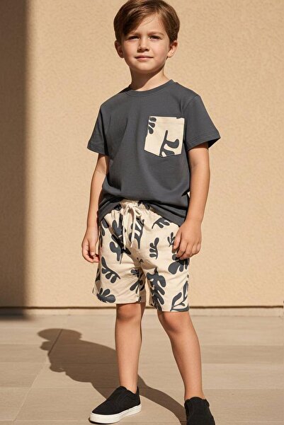Monila Erkek Çocuk Pamuklu Baskılı Cep Detaylı T-Shirt ve Şort 2'li Takım