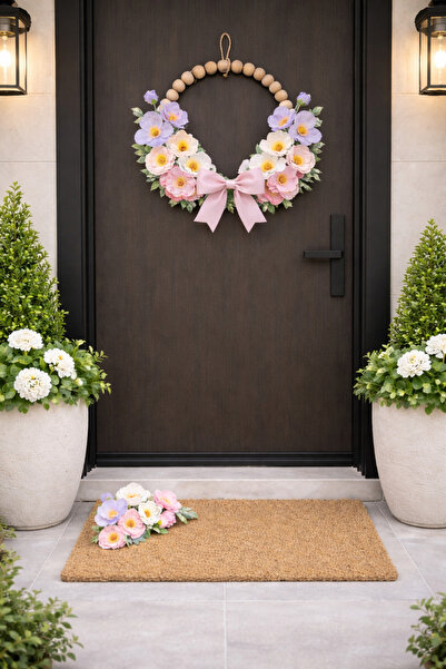 ecrella Bohem Ahşap Boncuklu Kapı Süsü & Çiçekli Koko Paspas Seti – Pastel Ba...