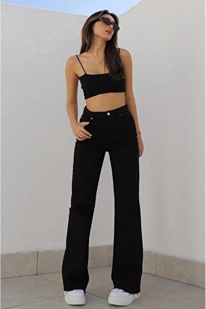 MAKRAS EXCLUSIVE Crne palazzo farmerke sa visokim strukom i širokim nogavicama