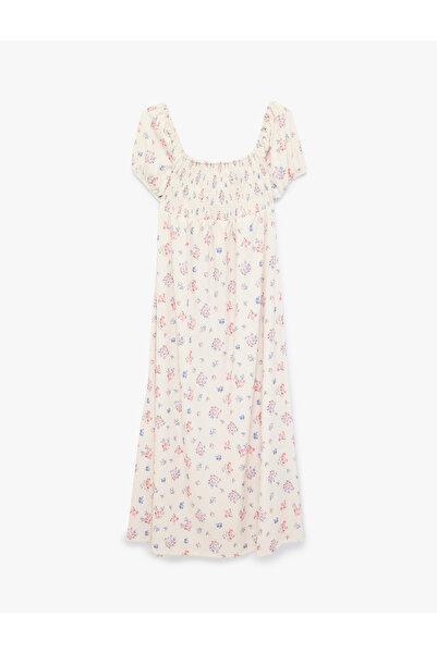 Koton Rochie lungă cu guler pătrat, mâneci scurte tip balon și imprimeu floral