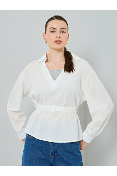 Styli White Open Collar Belted Top