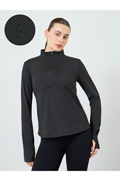 Styli Women Rubber Logo Half Zip Long Sleeve Top