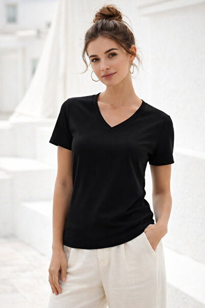 Rich Women's Black Soft Textured Interlock V-Neck Basic T-Shirt