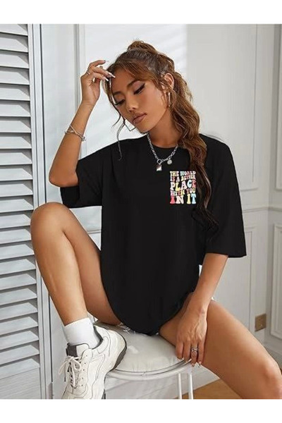 Glam Love Tricou cu imprimeu cu guler rotund - negru