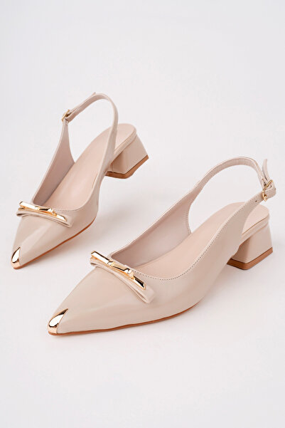 MARSHETTA Aurelia Model Beige Patent Leather Pointed Toe Gold Buckle Detailed...