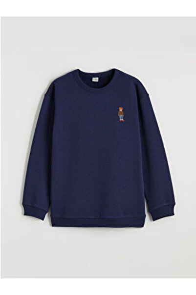 LC Waikiki Navy Blue Crew Neck Embroidered Boys' Thick Sweatshirt