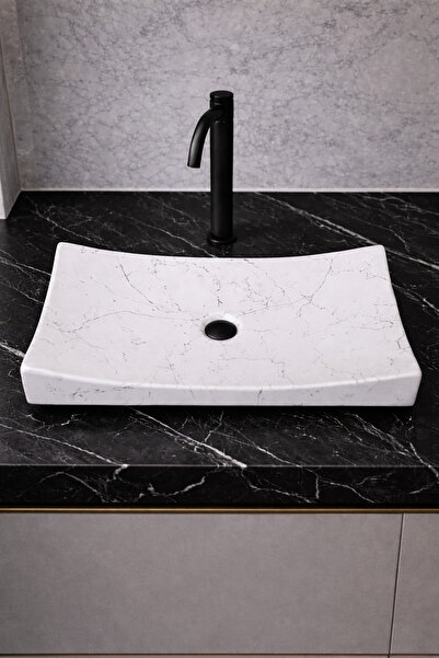 Taş Atölyesi Mermer Desenli Tezgah Üstü Kayık Model Taş Lavabo 35 x 60 cm