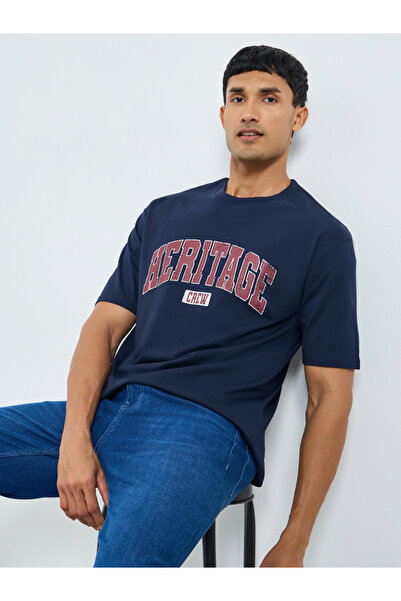 Styli Men Navy Blue Graphic Print Oversized T-Shirt