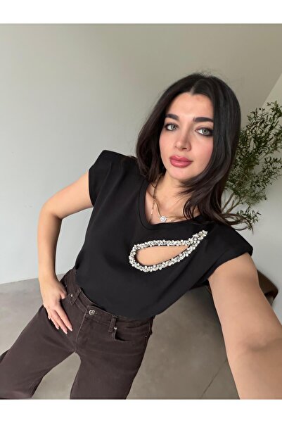 Bade Butik Siyah Vatkalı Taşlı Tişört