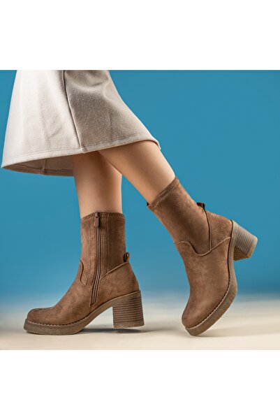 Modlet.ro Women's brown suede chunky heeled ankle boots MOD14064