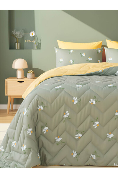 Rivaİstanbul Yeşil Papatya Çift Kişilik Pamuklu Kapitone Pike & Yatak Örtüsü