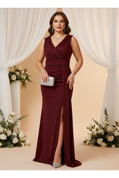 KADİR KORKMAZ GİYİM Kadın V Yaka Simli Kumaş Astarlı Yırtmaçlı Büyük Beden Ab...