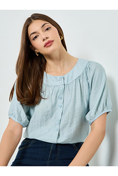 Styli Blue Button-Down Blouse with Short Sleeves