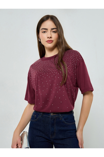Styli Burgundy Embellished Oversized T-Shirt