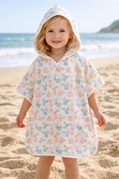 JUNİPERUS Organik %100 Pamuk Müslin Kapşonlu Plaj Çocuk Bebek Panço Bornoz Ba...