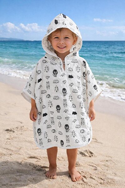 JUNİPERUS Organik %100 Pamuk Müslin Kapşonlu Plaj Çocuk Bebek Panço Bornoz Ba...