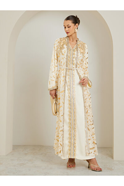 Amirah By Styli Women Beige Embroidered Kaftan with Satin Inner Dress