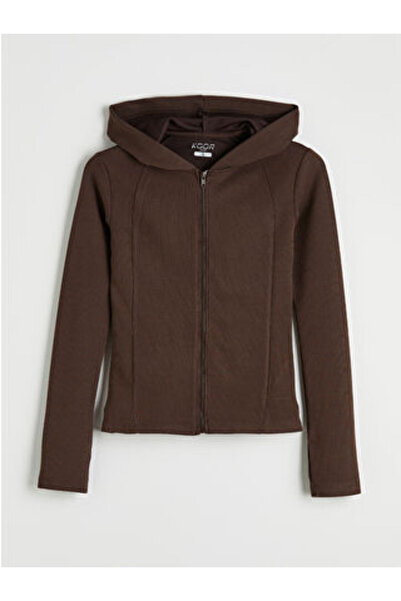 LC Waikiki Brown Hooded Finger-Looped Soft Touch Women's Zippered Sweatshirt